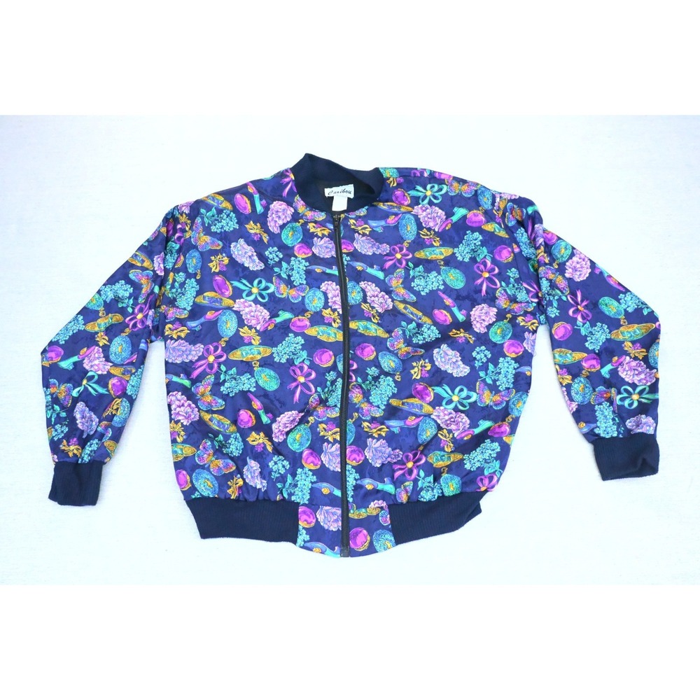Vintage 90s Caribou Womens M Bomber Jacket Navy Perfume Print Zip Front Bold
